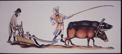 Middeleeuwse mannen ploegen met ossen, uit een scène uit de Luttrell Psalter door J.B. and Brown J. Rowbotham
