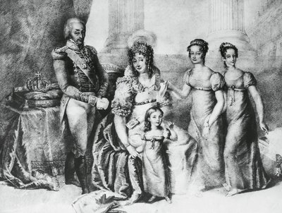 Portret van Victor Emmanuel I, Koning van Sardinië en Hertog van Savoye, Piëmont en Aosta, met zijn vrouw Maria Theresa van Oostenrijk-Este en zijn dochters, Maria Teresa van Savoye (1803-1879), Maria Anna van Savoye en Maria Cristina van Savoye door J.B. and Brown J. Rowbotham