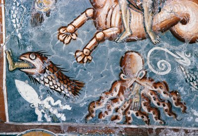 Zeewezens, detail van fresco in de kerk van Agios Georgios, Mourne, Kreta, Griekenland (foto) door J.B. and Brown J. Rowbotham