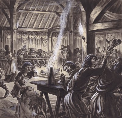 Een feest in een Angelsaksische thegnszaal (gouache op papier) door C.L. Doughty