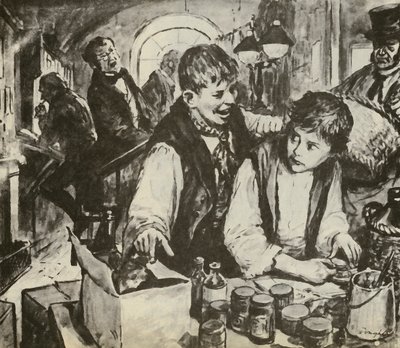 Charles Dickens als jongen in de zwartmakerij (litho) door C.L. Doughty