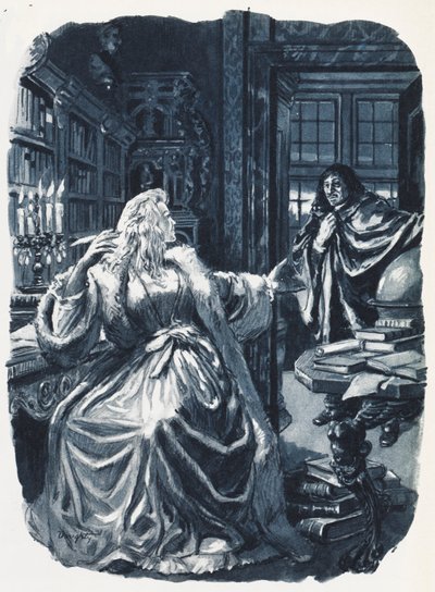 Christina van Zweden ontbood de filosoof Descartes om haar drie keer per week les te geven (kleurenlitho) door C.L. Doughty