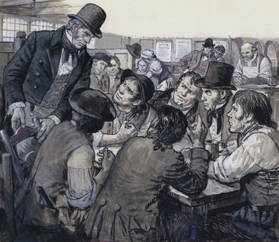 Kolonel Despard werft politieke ontevredenen in de duistere onderwereld van Londen (gouache op papier) door C.L. Doughty