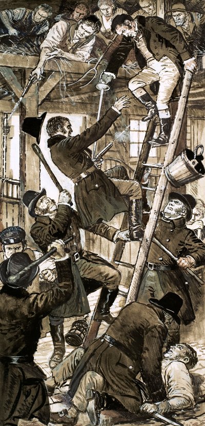 Ontmoeting tussen agenten van Bow Street en samenzweerders van Cato Street op 23 februari 1820 (gouache op papier) door C.L. Doughty