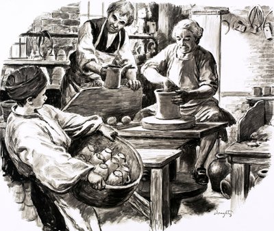 Josiah Wedgwood ging in de leer bij het pottenbakkersbedrijf van de familie (gouache op papier) door C.L. Doughty