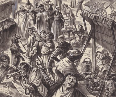 Kooplui op een middeleeuwse kermis (gouache op papier) door C.L. Doughty