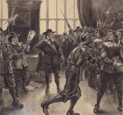 Oliver Cromwell die de overgebleven leden van het Lagerhuis verdrijft door C.L. Doughty