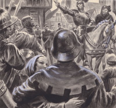 Ruziënde edelen rekruteerden legers onder de werkloze ex-militairen die Engeland binnenstroomden na de Honderdjarige Oorlog in 1453 (gouache op papier) door C.L. Doughty
