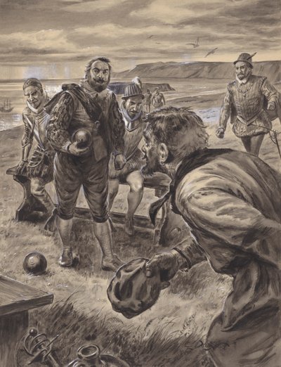 Sir Francis Drake speelt bowls, ontvangt nieuws over de Spaanse Armada (gouache op papier) door C.L. Doughty