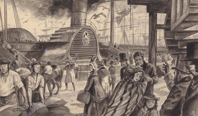 Het stoomschip The Britannia van de Cunard Company, dat in 1840 een tweewekelijkse dienst naar Amerika begon (gouache op papier) door C.L. Doughty