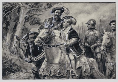 De Heer Beschermer, de Hertog van Somerset, brengt de jonge Koning Edward VI naar Windsor (gouache op papier) door C.L. Doughty