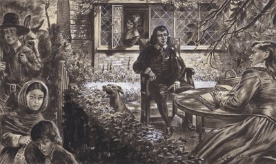 De dichter John Milton in zijn tuin, met zijn dochters (gouache op papier) door C.L. Doughty
