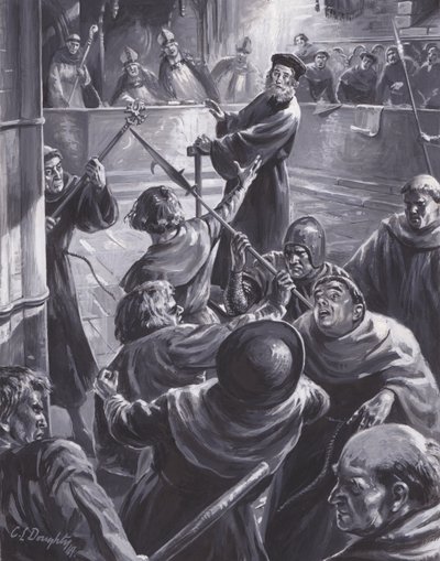 Het proces van John Wyclif, waarbij een menigte hem probeerde te redden (gouache op papier) door C.L. Doughty