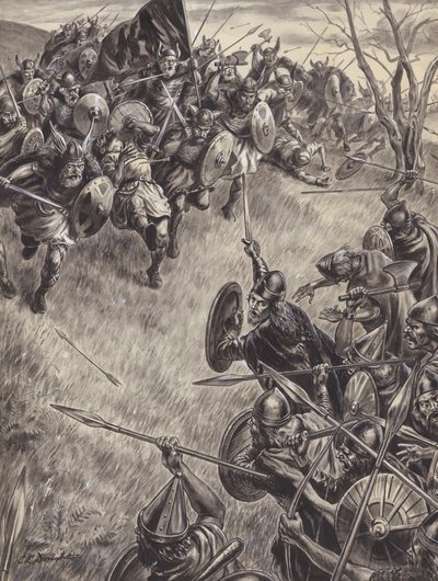 Ongeïdentificeerde gevechtsscène (gouache op papier) door C.L. Doughty