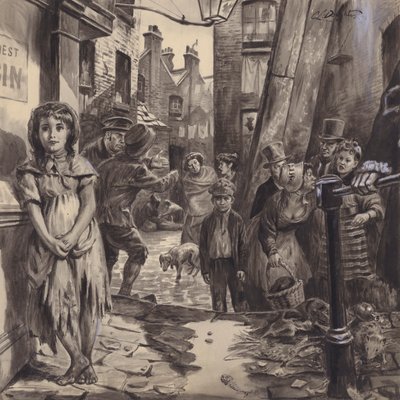 Victoriaanse achterbuurtscène (gouache op papier) door C.L. Doughty