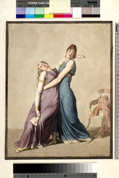 Een vrouw ondersteunt een andere vrouw, die flauwvalt bij het lezen van een brief door Christoffer Wilhelm Eckersberg