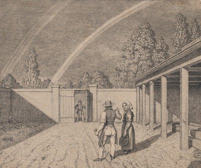 Een paar in gesprek in een stal, met een dubbele regenboog boven hun hoofd, uit 