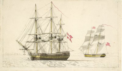 Een Deense fregat voor anker en een Engelse brik onder zeil door Christoffer Wilhelm Eckersberg