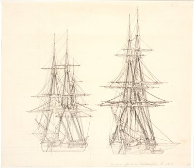 Een korvet en een brik voor anker door Christoffer Wilhelm Eckersberg