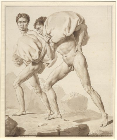 Mozes scheidt de wateren en het leger van de farao wordt verzwolgen - Studie voor twee Israëlieten die beladen met bagage wandelen door Christoffer Wilhelm Eckersberg