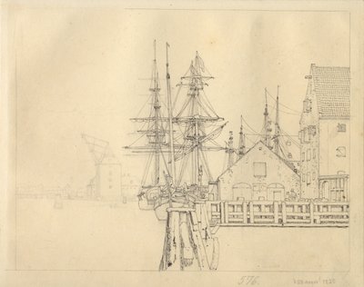 Partij van een van de scheepswerven in Christianshavn, op de achtergrond de mastkraan door Christoffer Wilhelm Eckersberg