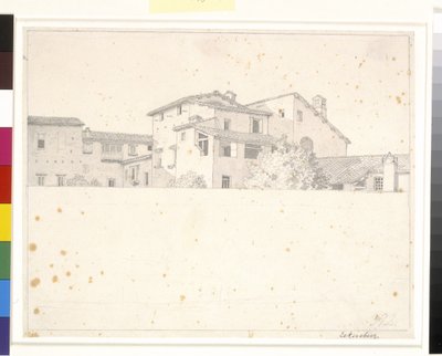 Romeinse huizen, gezien over een muur door Christoffer Wilhelm Eckersberg