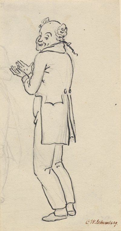 Satirisch blad; een glimlachende man, gezien van opzij, met beide handen voor de borst, en een deel van een lichte potloodschets [afgesneden] door Christoffer Wilhelm Eckersberg