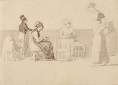 Scène van een binnenplaats of kade in Parijs. Vier zittende, staande en lopende figuren. door Christoffer Wilhelm Eckersberg