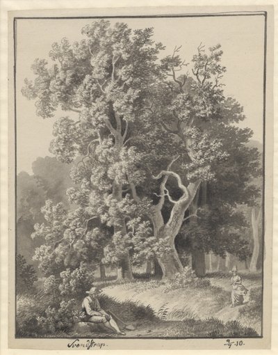 Boslandschap bij Svendstrup met een paar figuren, vooraan een zittende man met een spade door Christoffer Wilhelm Eckersberg