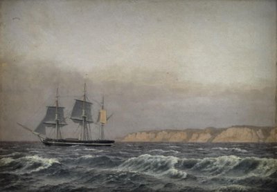 Uitzicht op de kliffen van Møn en een korvet door Christoffer Wilhelm Eckersberg