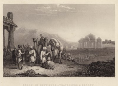 Scène in Kattiawar, reizigers en escorte door C. (after) Stanfield
