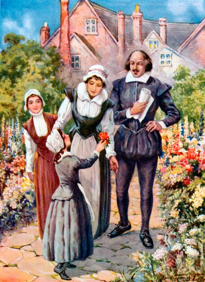 Shakespeare in de tuin van New Place, Stratford-on-Avon (kleurenlitho) door C. Dudley (after) Tennant