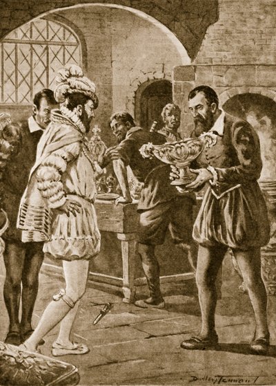 Francis I bezoekt Benvenuto Cellini in zijn werkplaats (litho) door C. Dudley Tennant