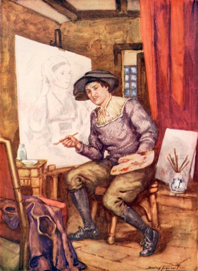 Hans Holbein aan het werk in zijn studio door C. Dudley Tennant