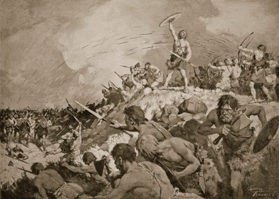 De Slag bij Mons Badonicus, ca. 500 AD, illustratie uit 
