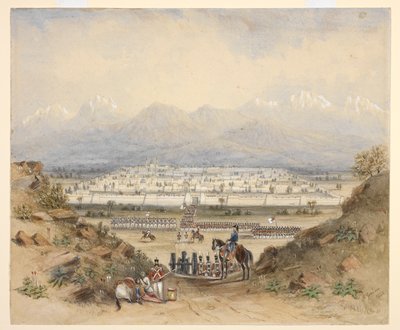 Een generaal die cavalerie en infanterie inspecteert, die op het punt staan een ommuurde stad in bergachtig gebied binnen te gaan, misschien Kandahar (N.W.F.P.). 1843, naar een eerdere schets. door C. Graham