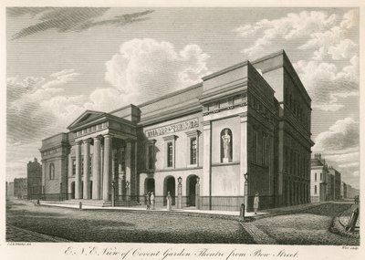Buitenzicht noordoost van Covent Garden Theatre, Londen, vanaf Bow Street door C. John Mayle Whichelo