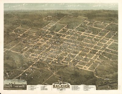 Vogelvlucht van de stad Raleigh, North Carolina 1872 door C. N. Drie