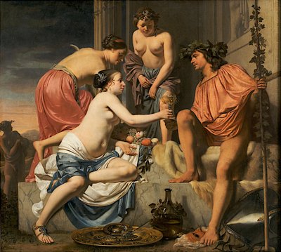 Bacchus op een troon - Nimfen bieden Bacchus wijn en fruit aan door Cesar Boetius van Everdingen