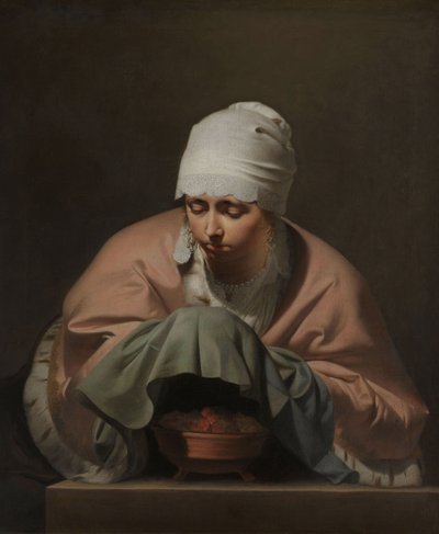 Een jonge vrouw verwarmt haar handen boven een vuurkorf: Allegorie op de winter door Caesar van Everdingen
