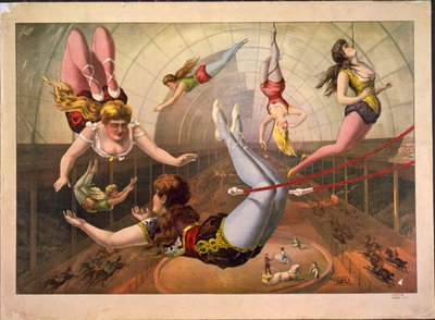 Vrouwelijke acrobaten op trapezes in het circus, ca. 1890 door Calvert Litho. Co.