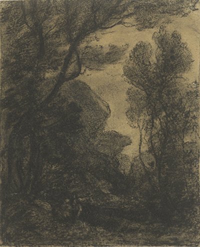 Bosgezicht bij avond door Camille Corot
