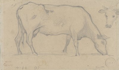 Grazende koe, rechtsboven nogmaals een koeienkop door Camille Corot