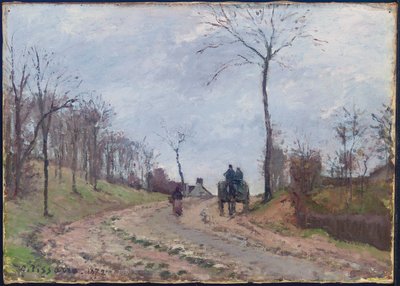 Koets op een landweg, winter, buitenwijken van Louveciennes door Camille Jacob Pissarro