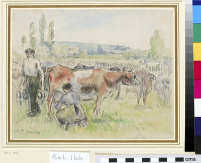 Compositorische studie van een melkscène in Eragny-sur-Epte door Camille Jacob Pissarro