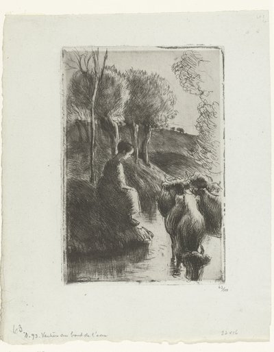 Herderin met koeien bij het water door Camille Jacob Pissarro