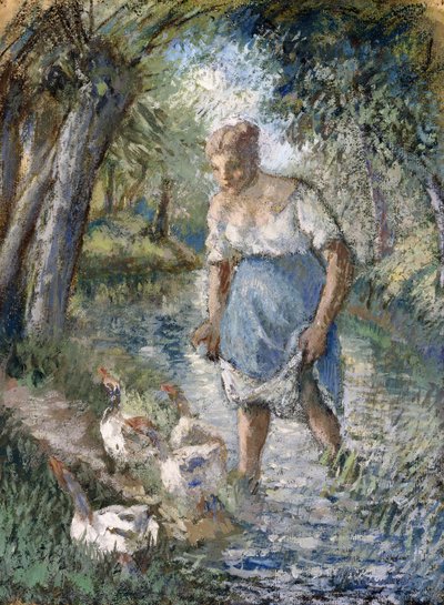 Boer die een Stroom Oversteekt door Camille Jacob Pissarro