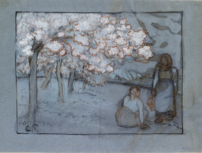 Compositorische studie van twee vrouwelijke boeren die in een boomgaard praten door Camille Pissarro
