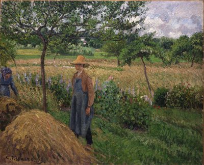Tuinman bij een hooiberg, bewolkte lucht, Éragny door Camille Pissarro