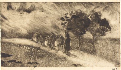 Koeien hoeden bij schemering Vachère le soir door Camille Pissarro